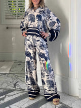 Satin Jungle Floral Print Loose Wide-Leg Pants - Threadford