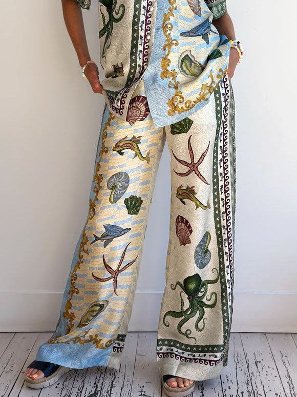 Unique Deep Sea Floral Print Loose Wide-leg Pants - Threadford