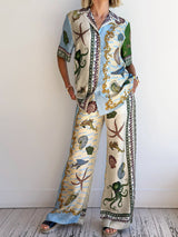 Unique Deep Sea Floral Print Loose Wide-leg Pants - Threadford