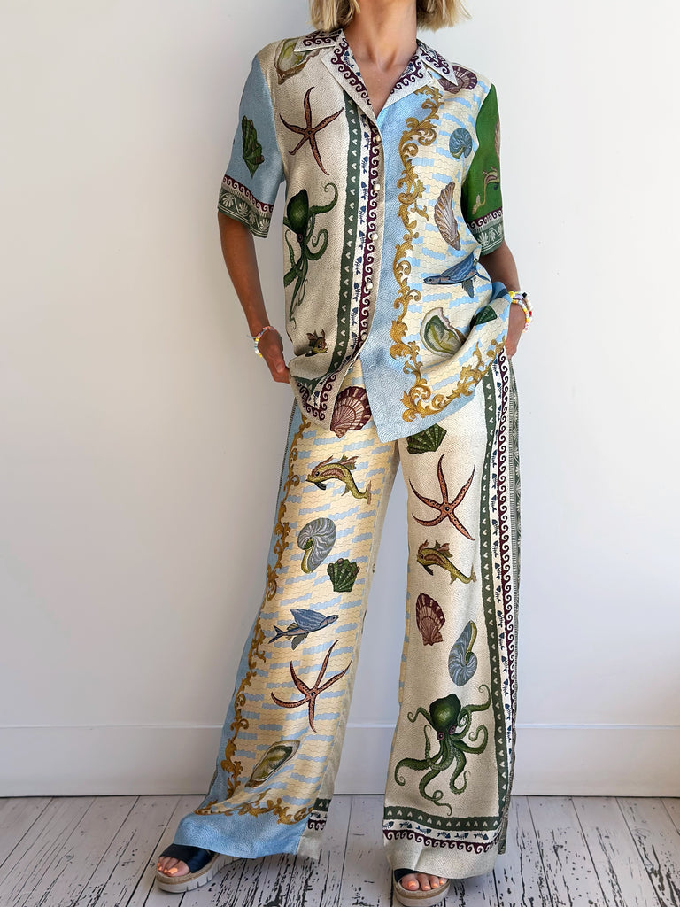 Unique Deep Sea Floral Print Loose Wide-leg Pants - Threadford