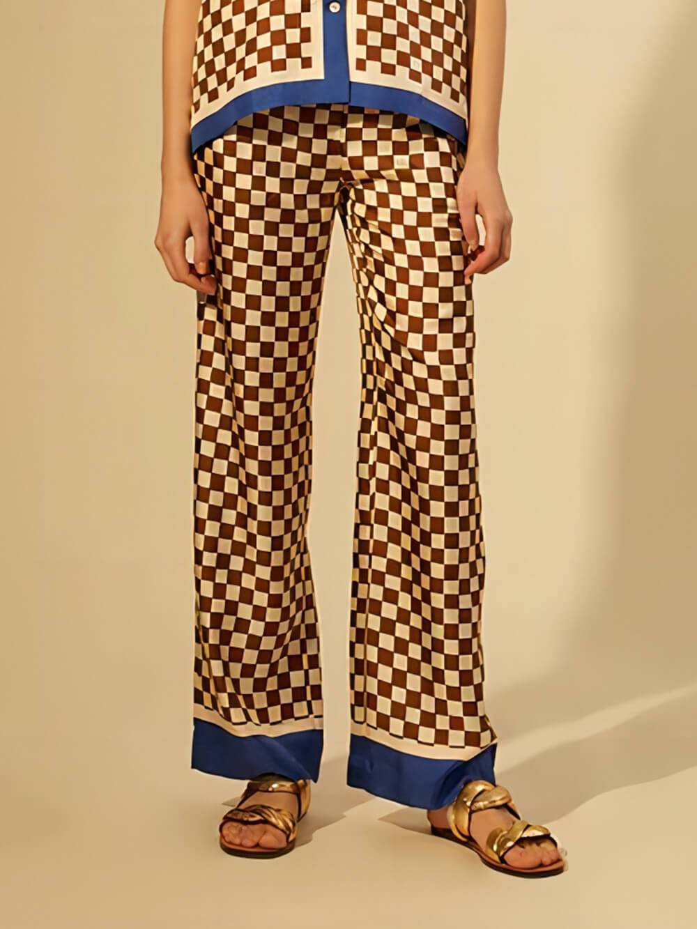 Unique Checkerboard Print Blue Stripe Splicing Loose Elastic Pants - Threadford
