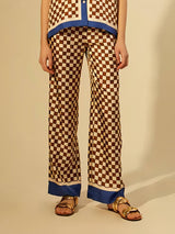 Unique Checkerboard Print Blue Stripe Splicing Loose Elastic Pants - Threadford