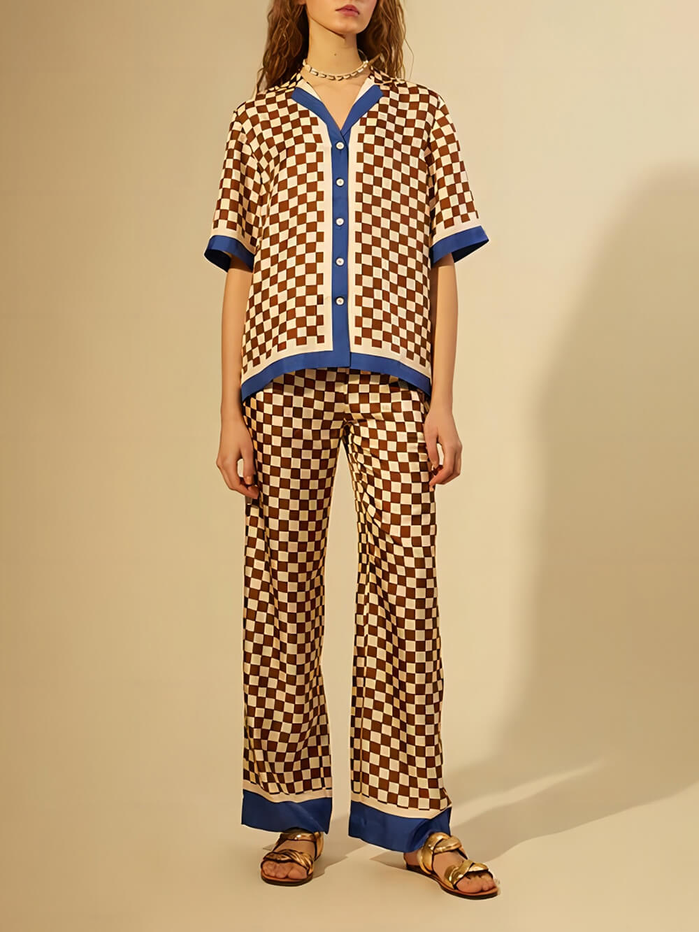 Unique Checkerboard Print Blue Stripe Splicing Loose Elastic Pants - Threadford
