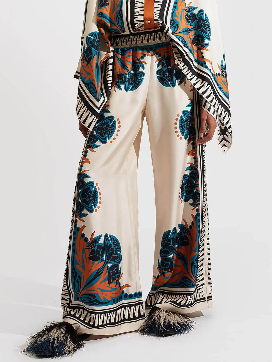 Exquisite Satin Plant Print Loose Wide-Leg Pants - Threadford