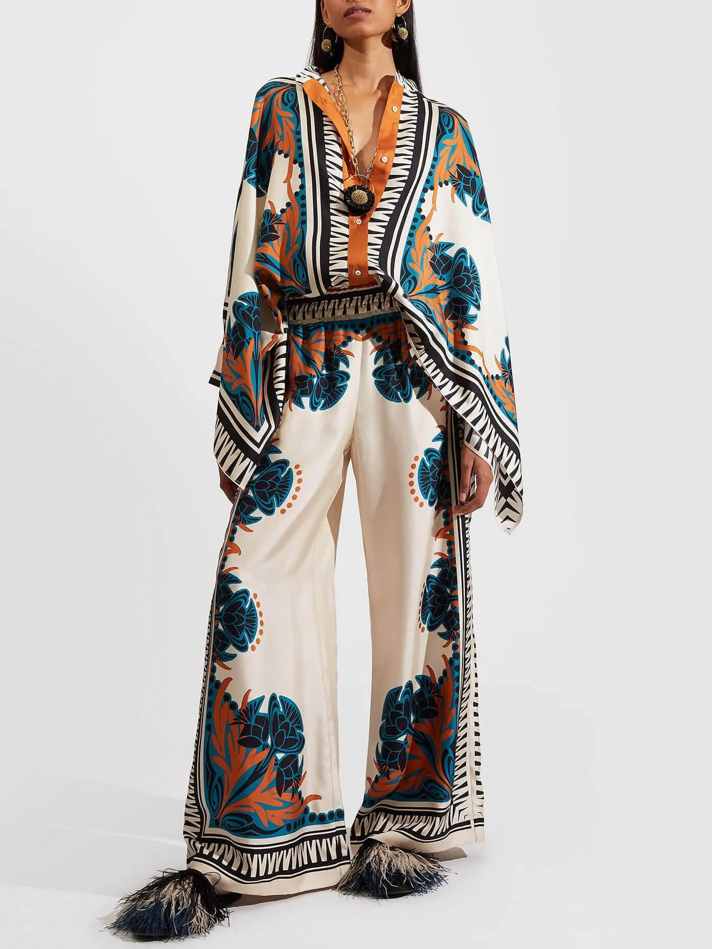 Exquisite Satin Plant Print Loose Wide-Leg Pants - Threadford