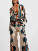 Exquisite Satin Plant Print Loose Wide-Leg Pants - Threadford