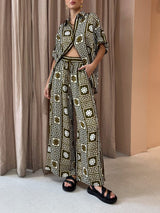 Unique Pattern Print Elastic Waist Pocket Wide Leg Pants - Threadford