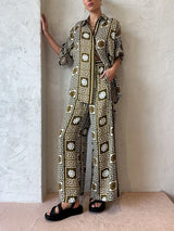 Unique Pattern Print Elastic Waist Pocket Wide Leg Pants - Threadford