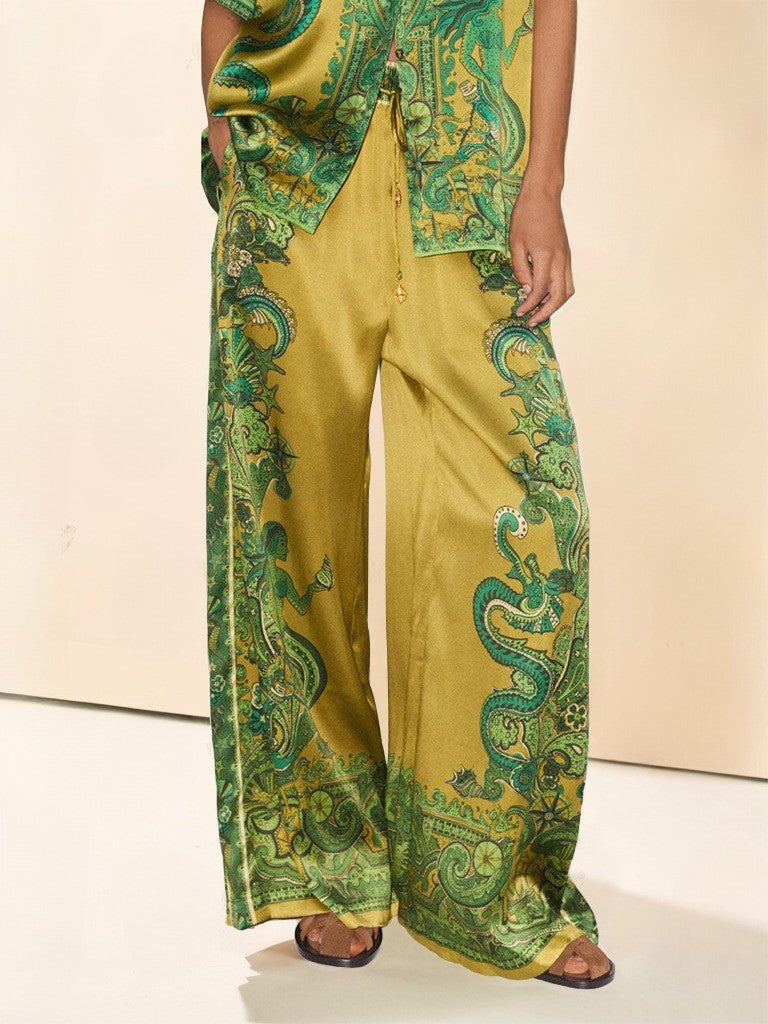Exquisite Satin Unique Floral Print Wide Leg Pants - Threadford