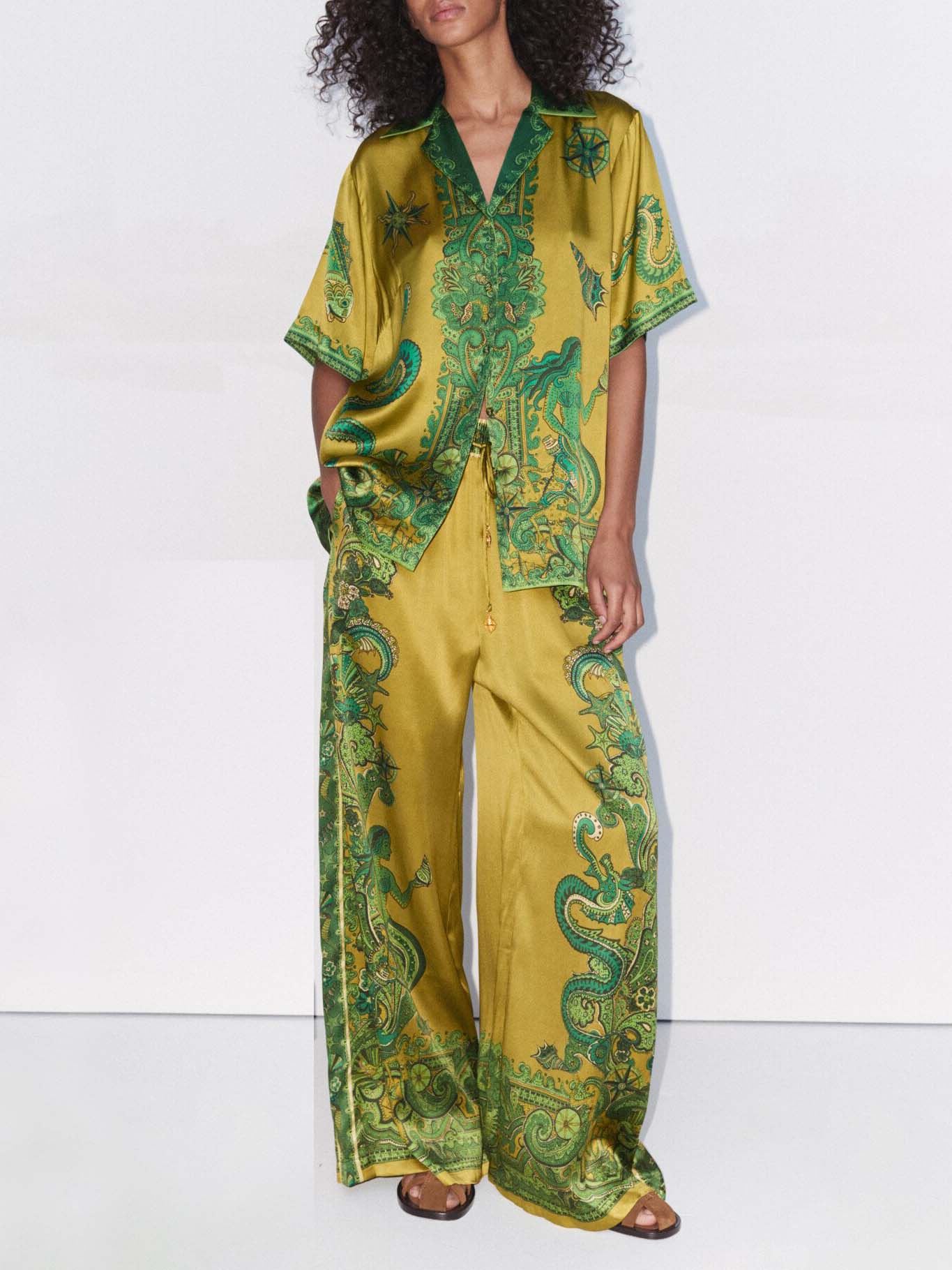 Exquisite Satin Unique Floral Print Wide Leg Pants - Threadford