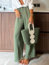 Summer Tropical Style Unique Pleated Elastic Waist Pocket Straight Leg Pants - Threadford