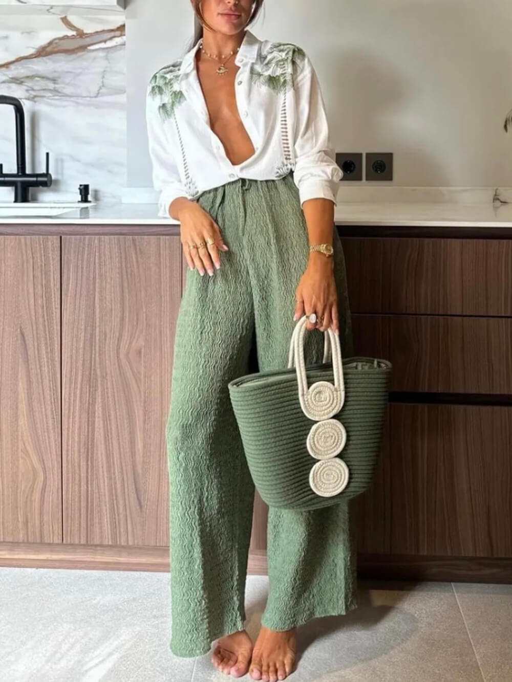 Summer Tropical Style Unique Pleated Elastic Waist Pocket Straight Leg Pants - Threadford