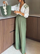 Summer Tropical Style Unique Pleated Elastic Waist Pocket Straight Leg Pants - Threadford