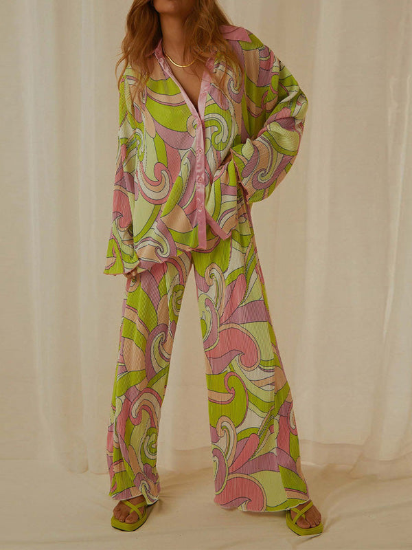 Unique Painted Print Pleated Loose Wide-leg Pants - Threadford