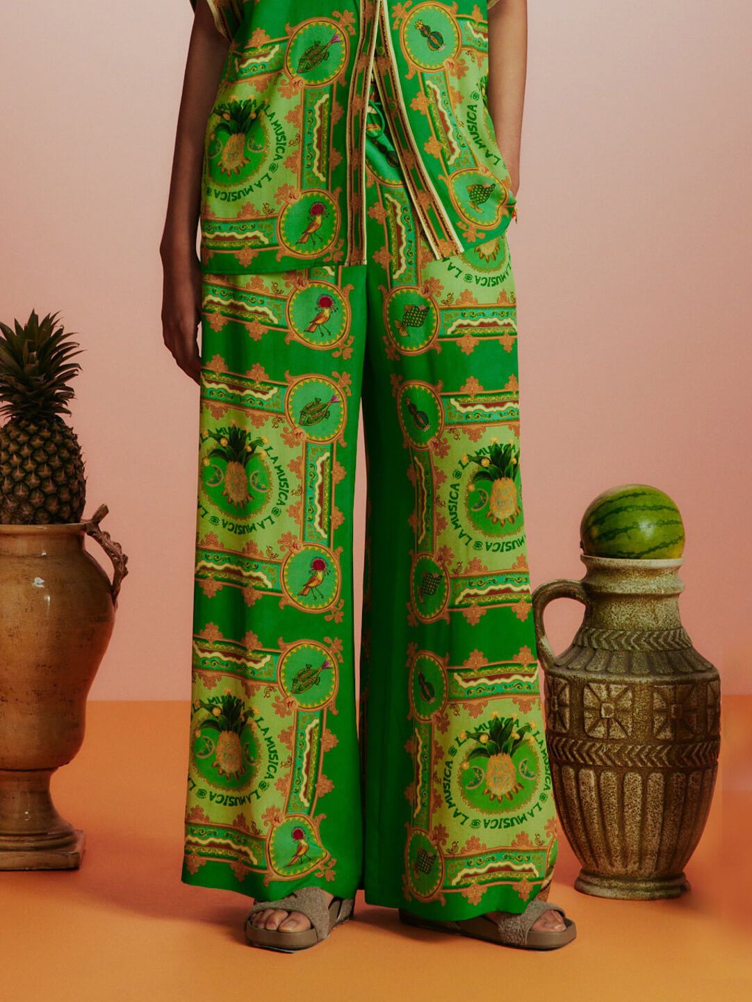 Unique Tropical Fruit Print Lace-up Loose Wide-leg Pants - Threadford