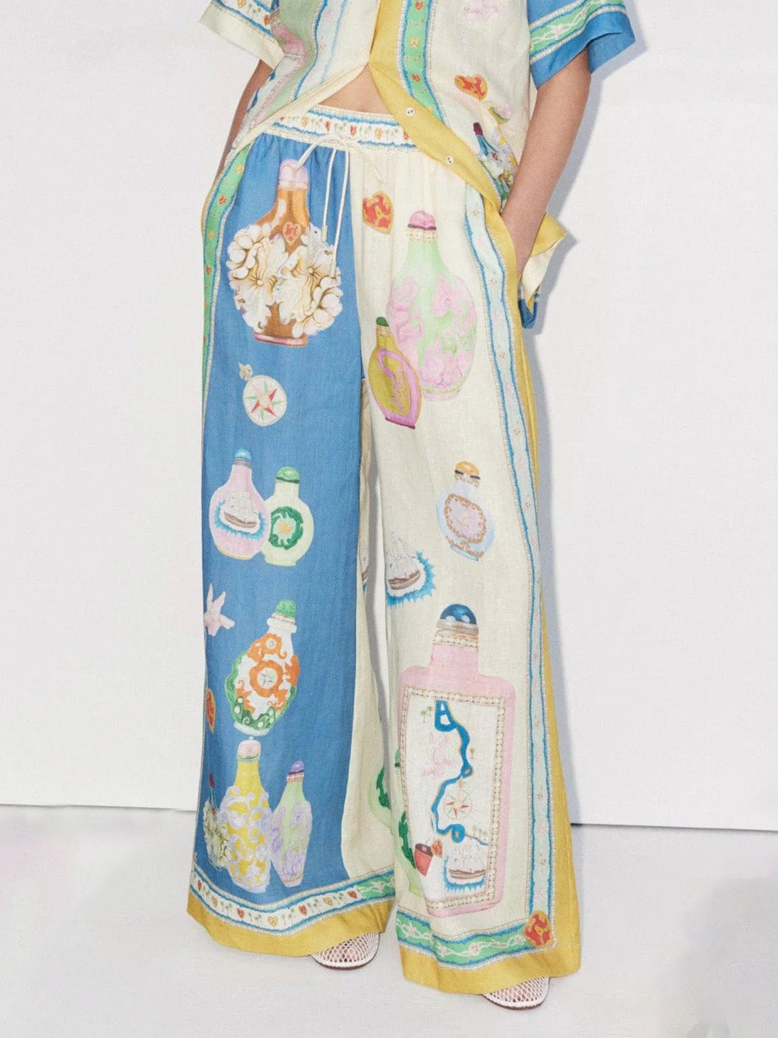 Exquisite Vintage Court Painted Print Wide Leg Pants - Threadford