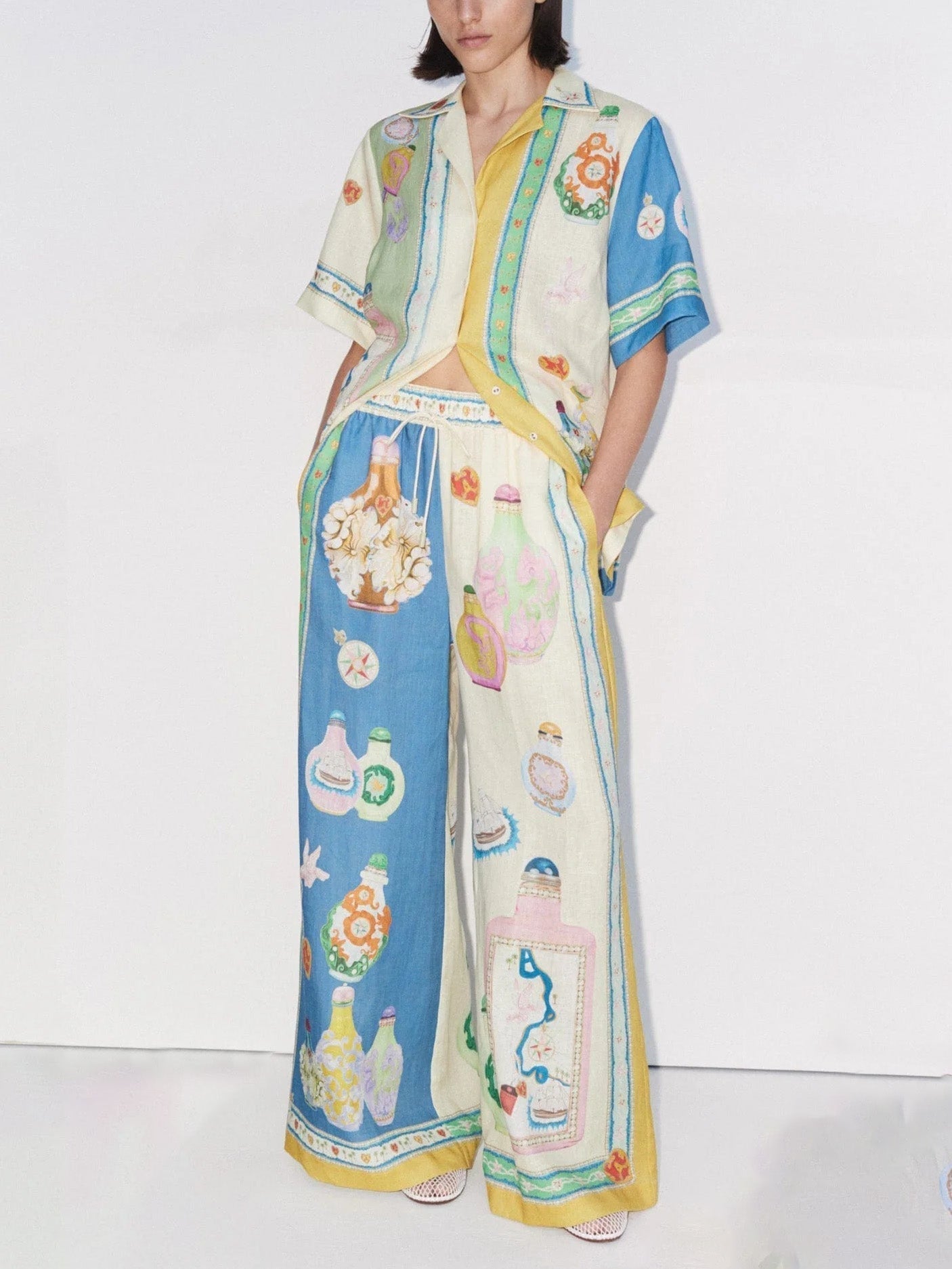 Exquisite Vintage Court Painted Print Wide Leg Pants - Threadford