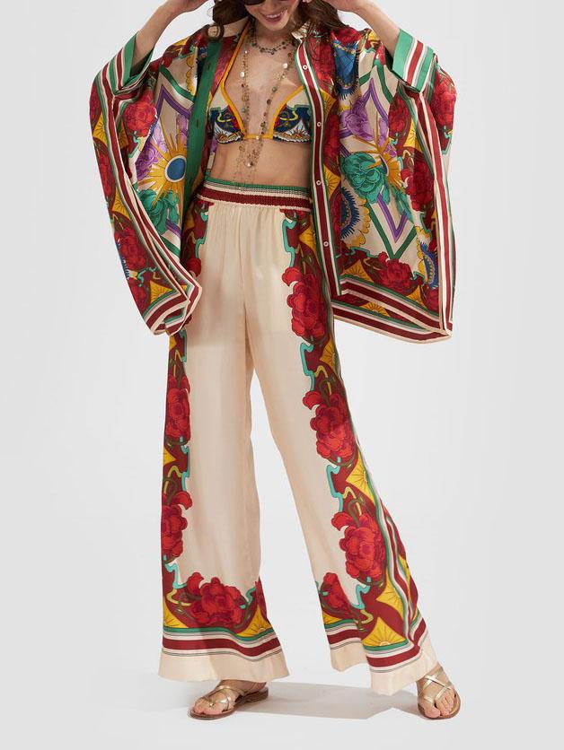 Exquisite Floral Print Elastic Waist Wide-leg Pants - Threadford