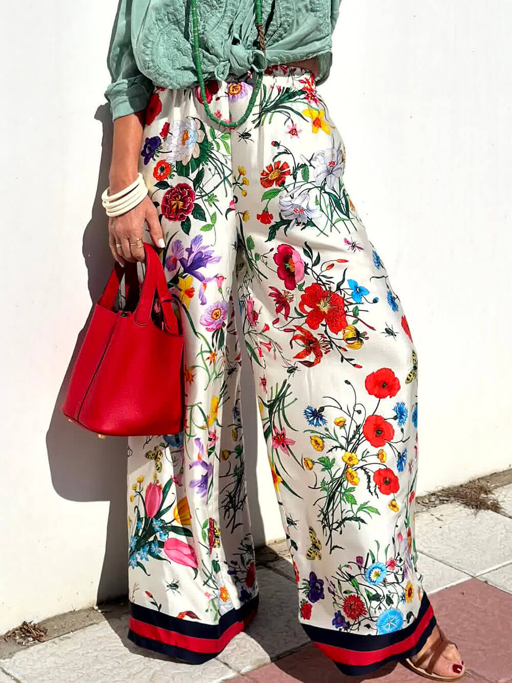 Floral Unique Print Elastic Waist Pocketed Wide Leg Pants - Threadford