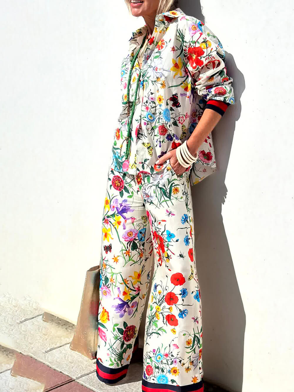 Floral Unique Print Elastic Waist Pocketed Wide Leg Pants - Threadford