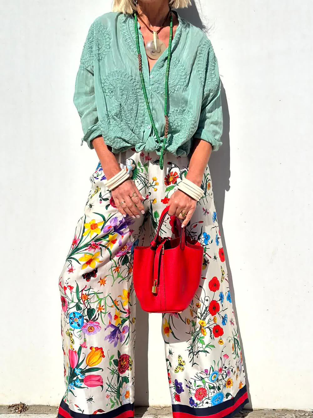 Floral Unique Print Elastic Waist Pocketed Wide Leg Pants - Threadford