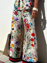 Floral Unique Print Elastic Waist Pocketed Wide Leg Pants - Threadford