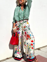 Floral Unique Print Elastic Waist Pocketed Wide Leg Pants - Threadford