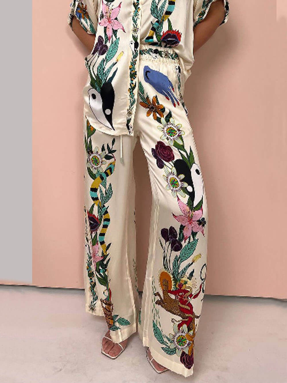 Satin Unique Print Elastic Waist Pocketed Wide Leg Pants - Threadford