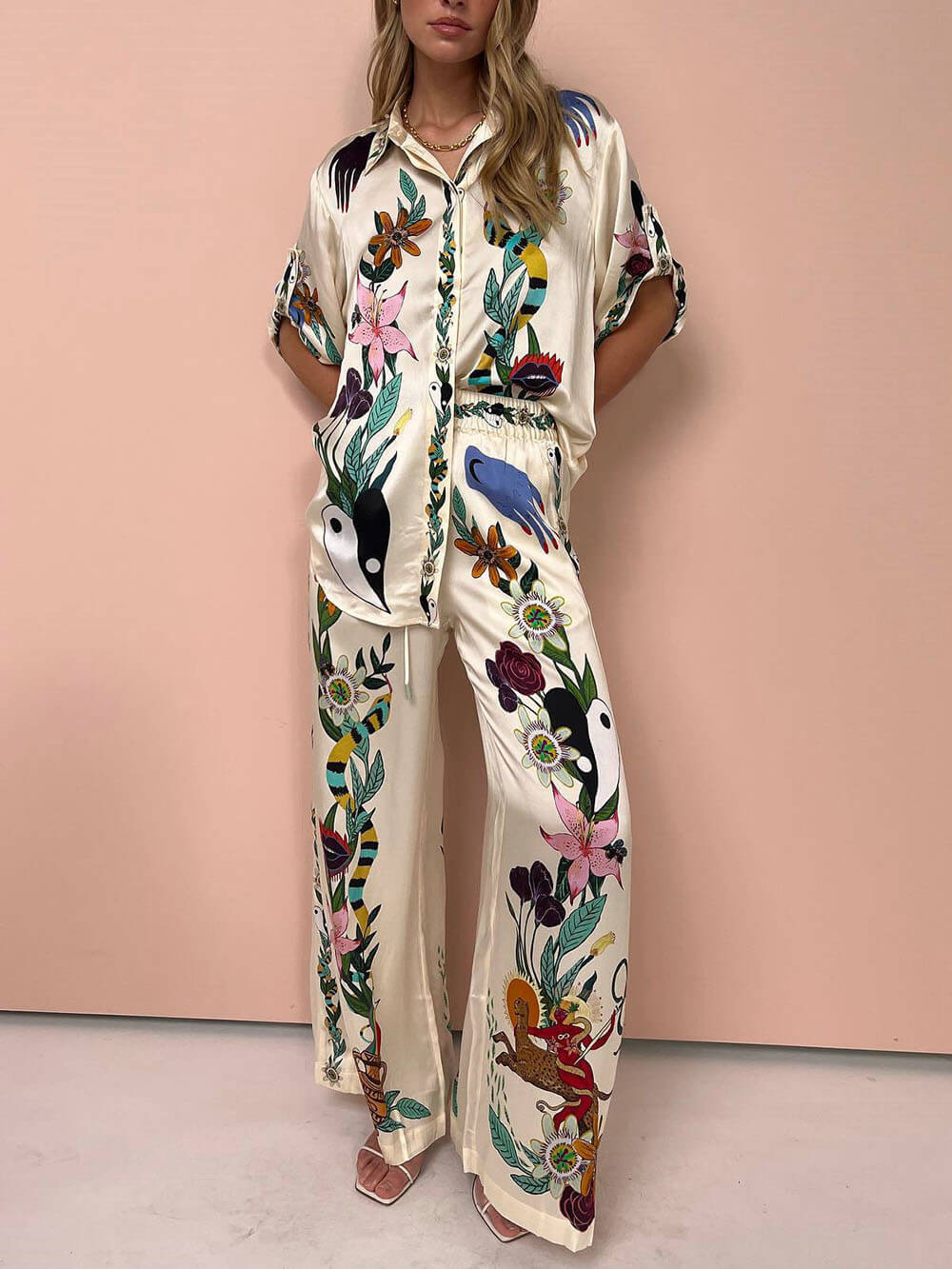 Satin Unique Print Elastic Waist Pocketed Wide Leg Pants - Threadford