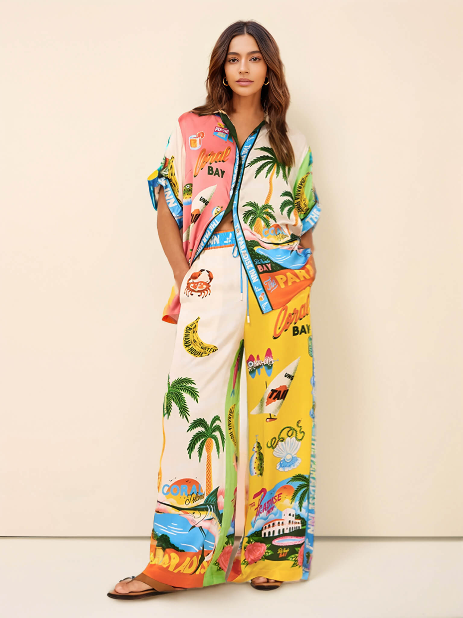 Sunny Beach Summer Style Printed Two Piece Set - Pants - Threadford