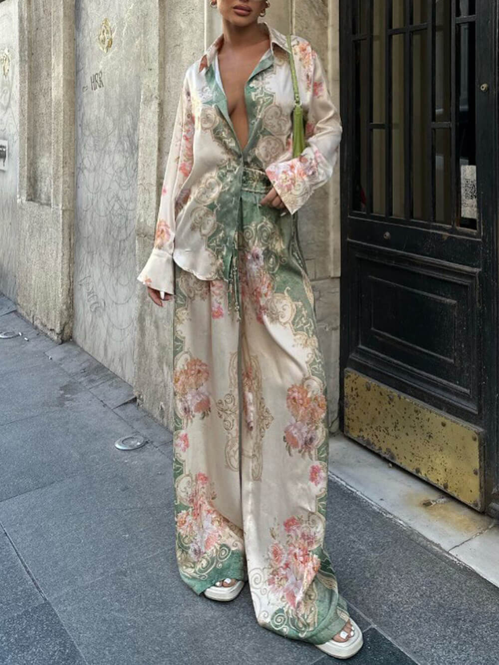 Unique Floral Loose Printed Stretch Waist Wide Leg Pants - Threadford