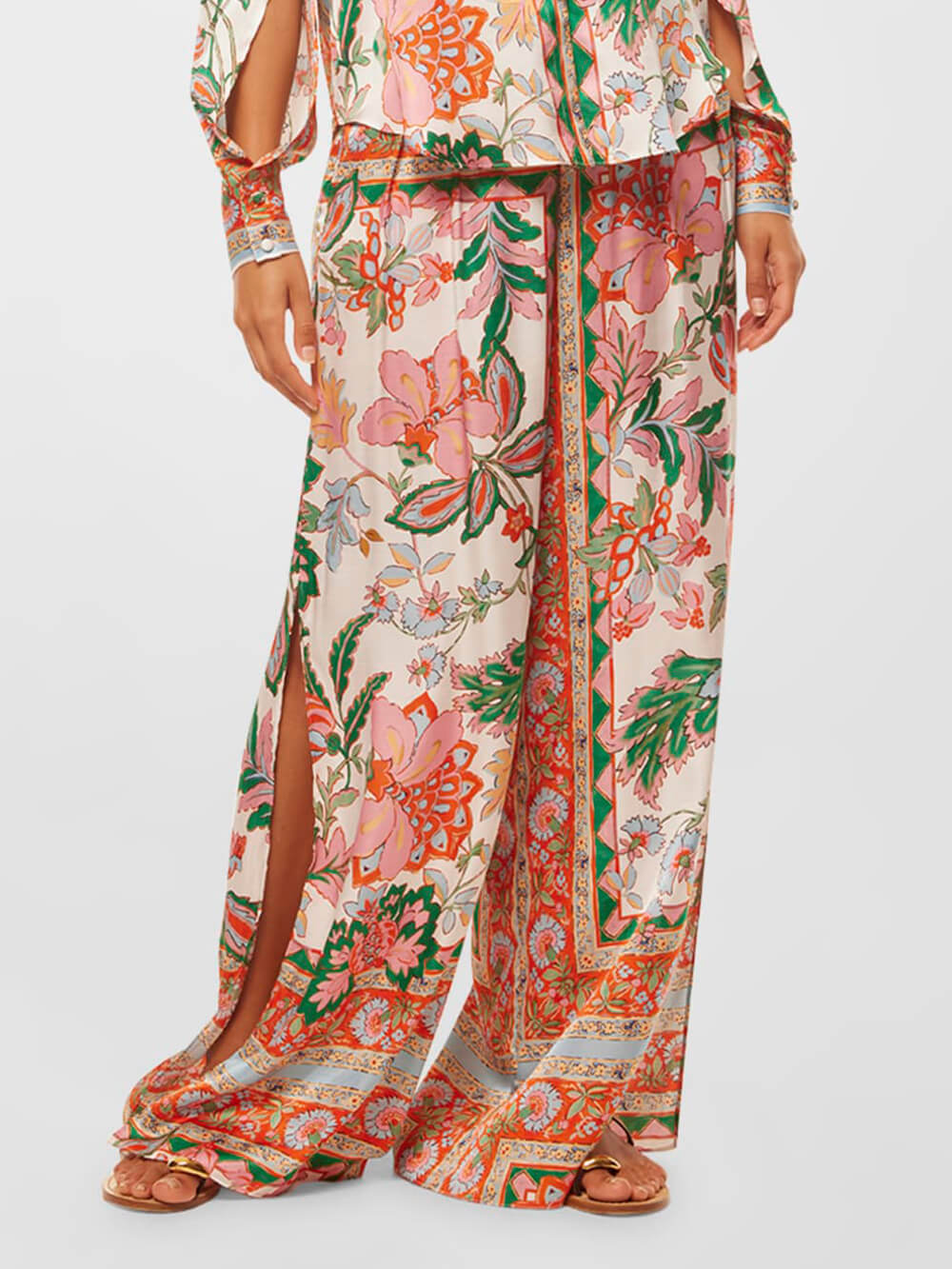 Unique Flower Print Slit Cuffs Wide Leg Pants - Threadford
