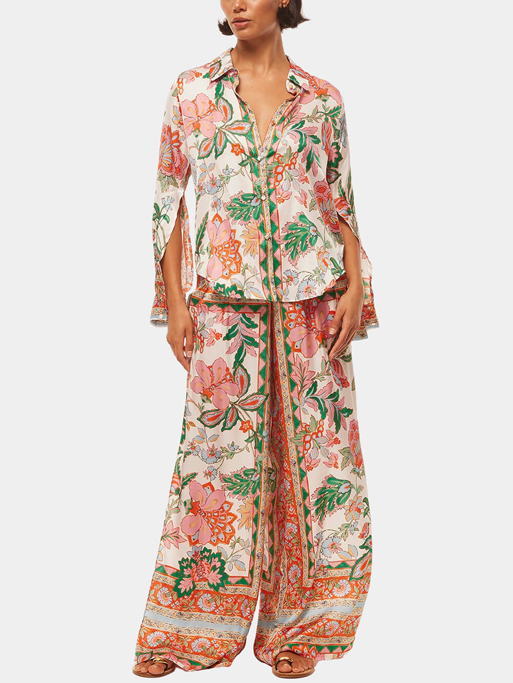 Unique Flower Print Slit Cuffs Wide Leg Pants - Threadford