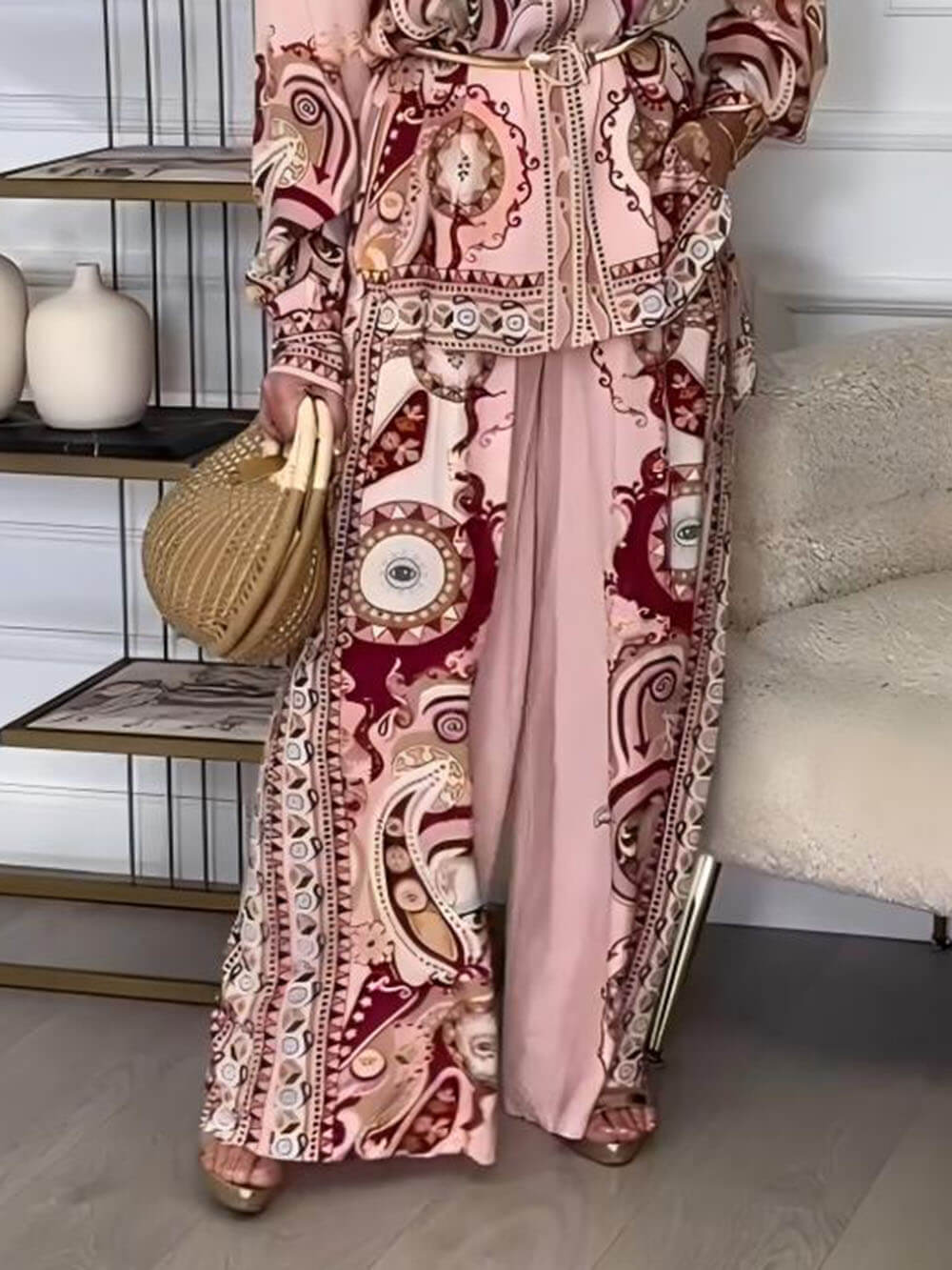 Modern And Exquisite Unique Satin Pattern Print Elastic Waist Loose Wide-Leg Pants - Threadford