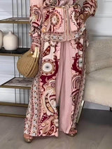Modern And Exquisite Unique Satin Pattern Print Elastic Waist Loose Wide-Leg Pants - Threadford