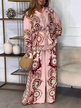 Modern And Exquisite Unique Satin Pattern Print Elastic Waist Loose Wide-Leg Pants - Threadford