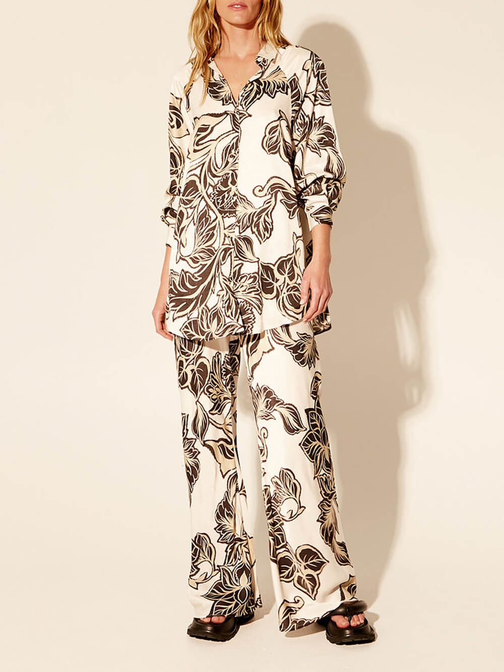 Exquisite Floral Print Elastic Loose Pocket Wide Leg Pants - Threadford