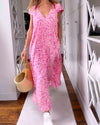 Véronique | Long V-Neck Dress with Short Sleeves in Leopard Print - Threadford