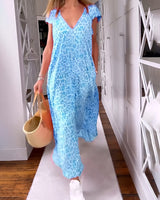 Véronique | Long V-Neck Dress with Short Sleeves in Leopard Print - Threadford