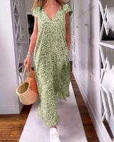 Véronique | Long V-Neck Dress with Short Sleeves in Leopard Print - Threadford