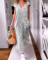 Véronique | Long V-Neck Dress with Short Sleeves in Leopard Print - Threadford