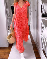 Véronique | Long V-Neck Dress with Short Sleeves in Leopard Print - Threadford