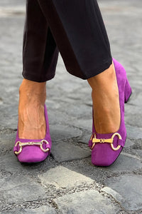 Scarpe con tacco grosso, fibbia in lega e punta quadrata in tinta unita 