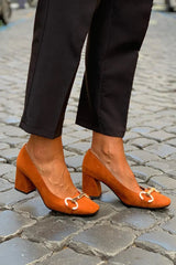 Chunky Heels with Alloy Buckle and Square Toe in Solid Colour - Threadford