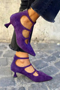 Sandali viola con tacco a gattino, cinturino alla caviglia e cerniera, punta affusolata 