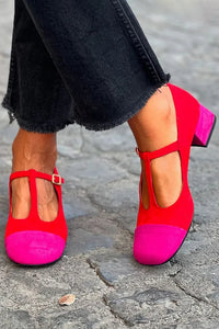 Scarpe rosse con tacco alto, punta tonda, cinturino a T patchwork e fibbia 