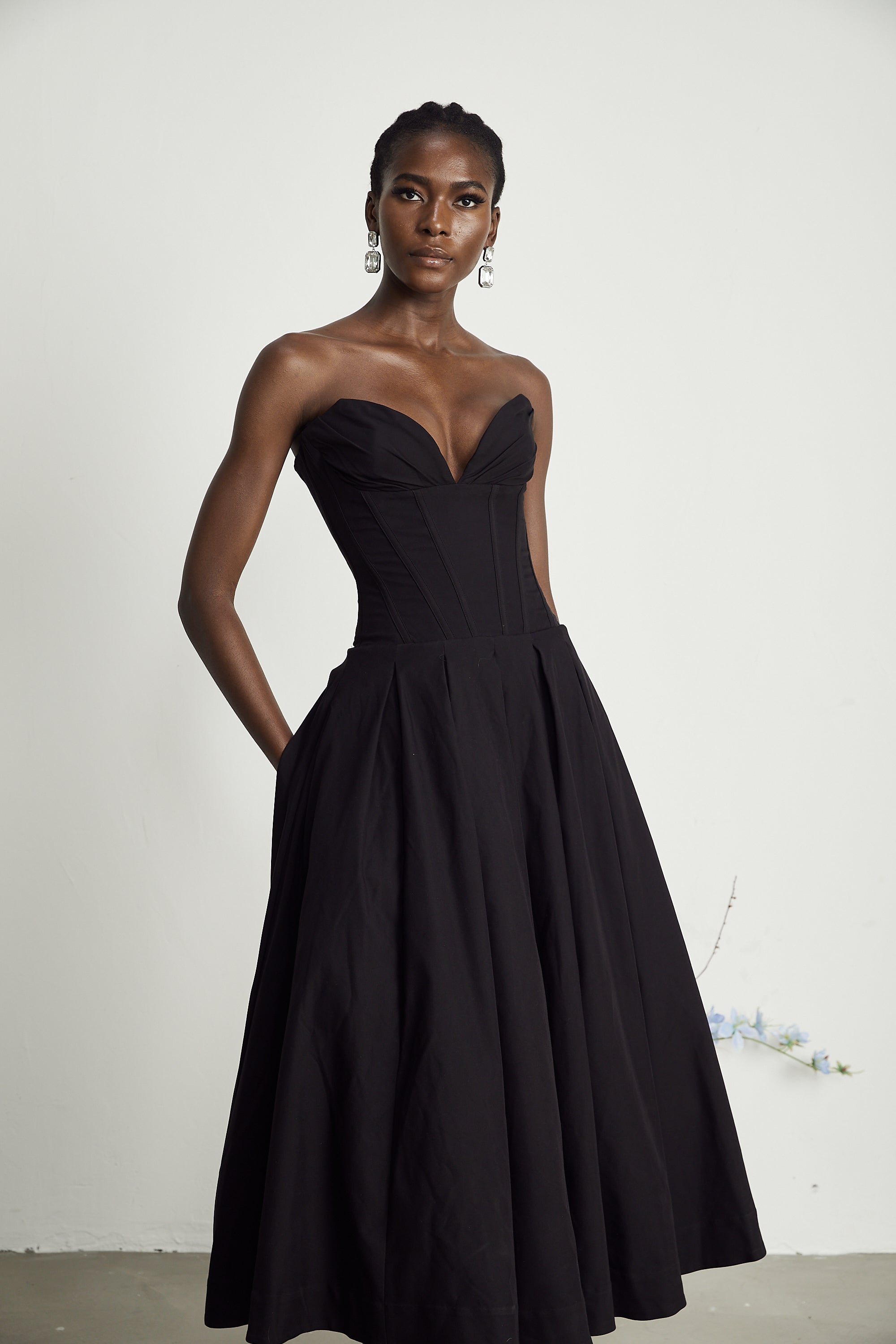 Katherine Black Off-Shoulder Corset Midi Dress - Threadford