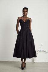 Katherine Black Off-Shoulder Corset Midi Dress - Threadford