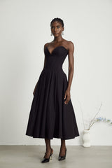 Katherine Black Off-Shoulder Corset Midi Dress - Threadford