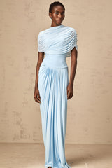 Catherine asymmetrical pleated maxi dress in Baby-blue - Threadford